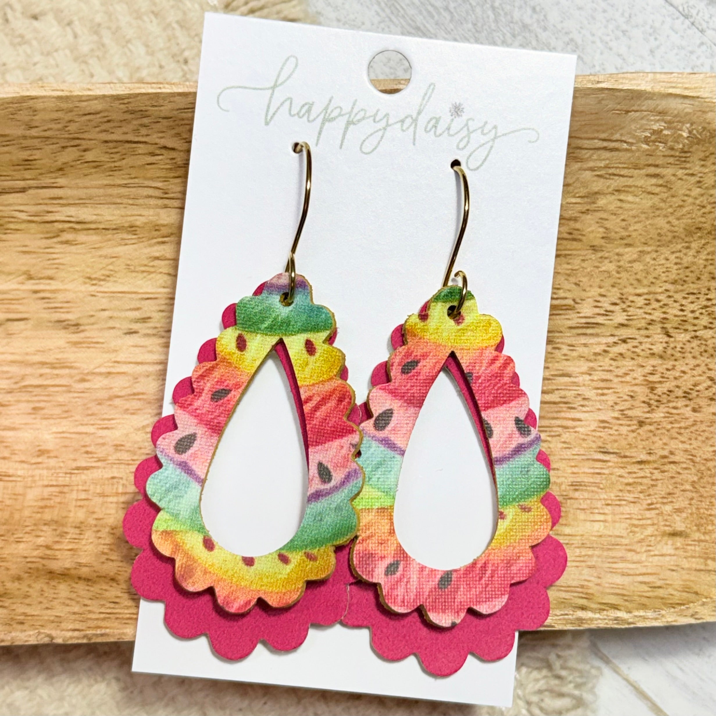 Watermelon Splash Layered Scalloped Teardrop Earrings