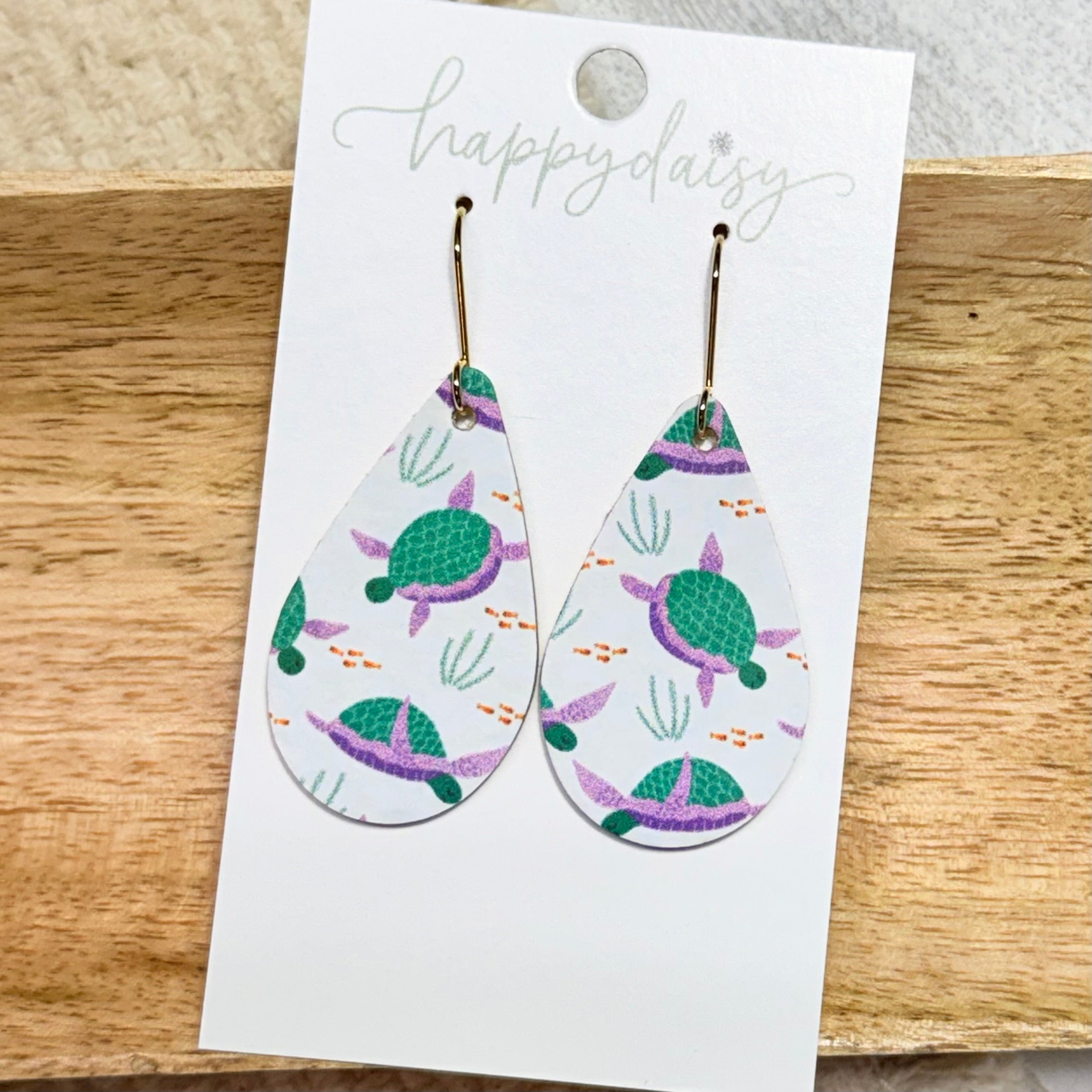 Sea Turtle Leather Teardrop Earrings
