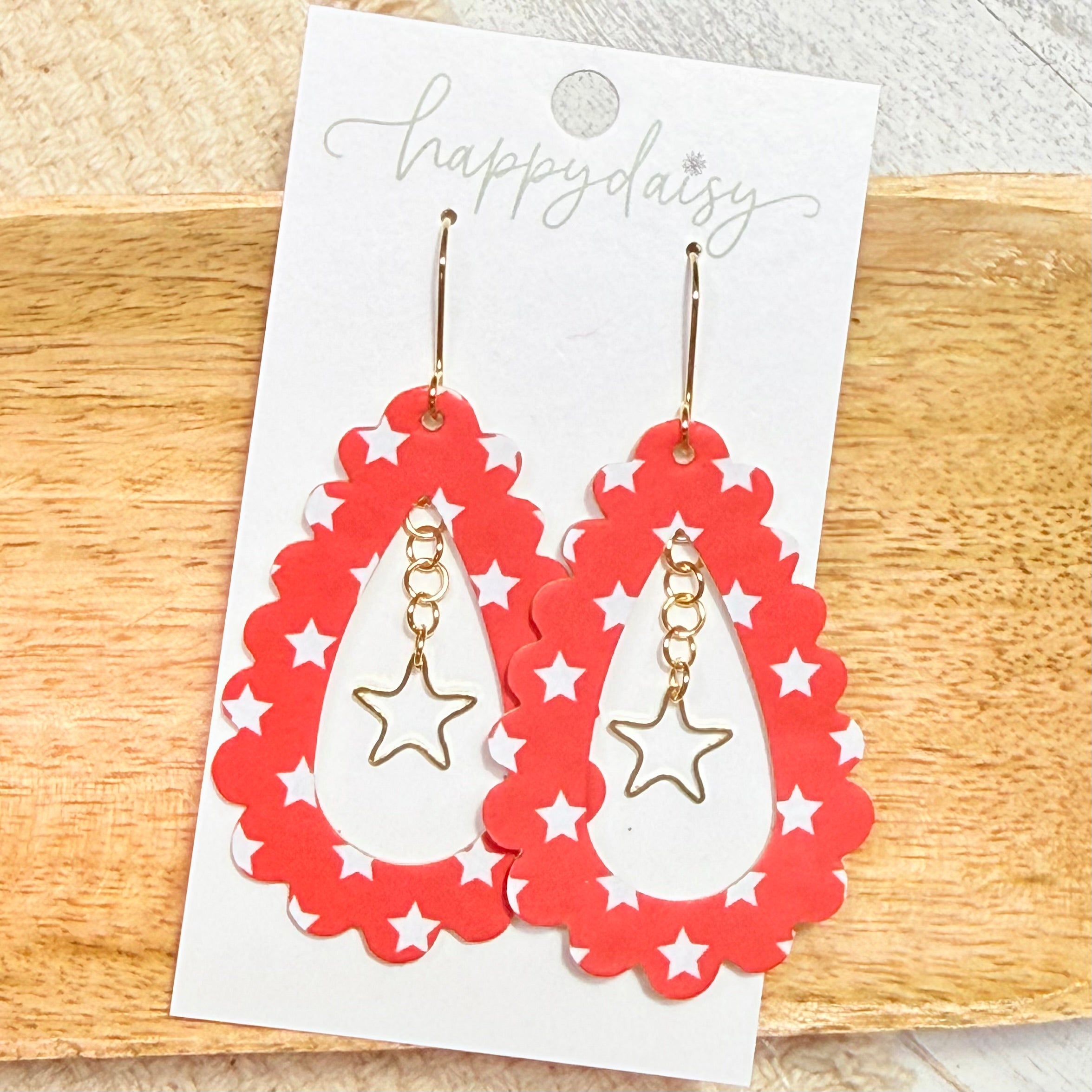 Stars on Red Scalloped Teardrop Earrings with Star Charm