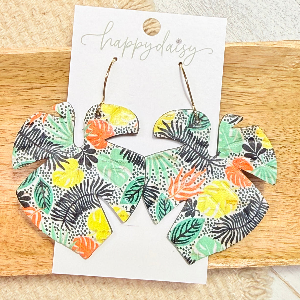 Tropical Sketch Embossed Monstera Leaf Leather Earrings