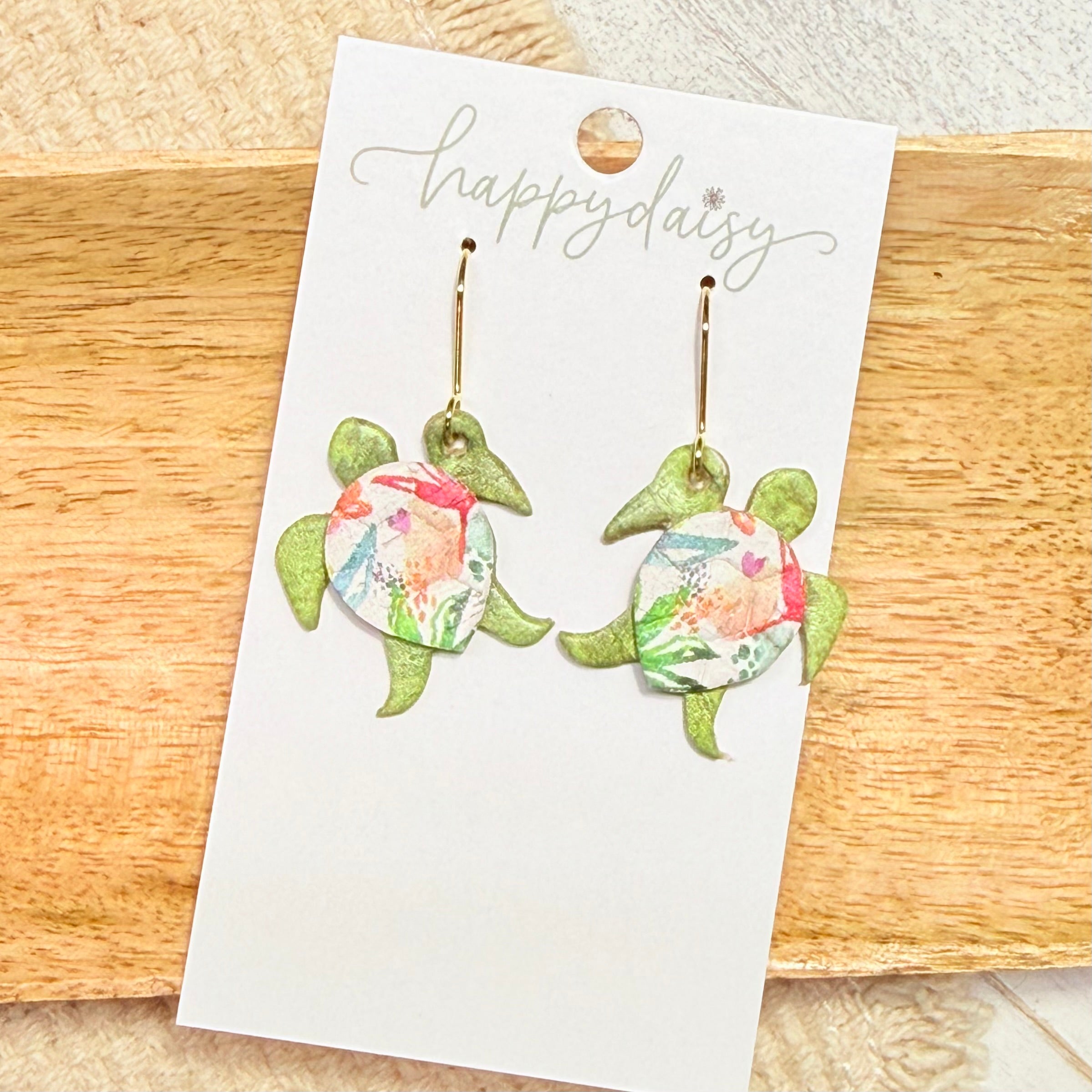 Sea Turtle Sage and Floral Leather Earrings