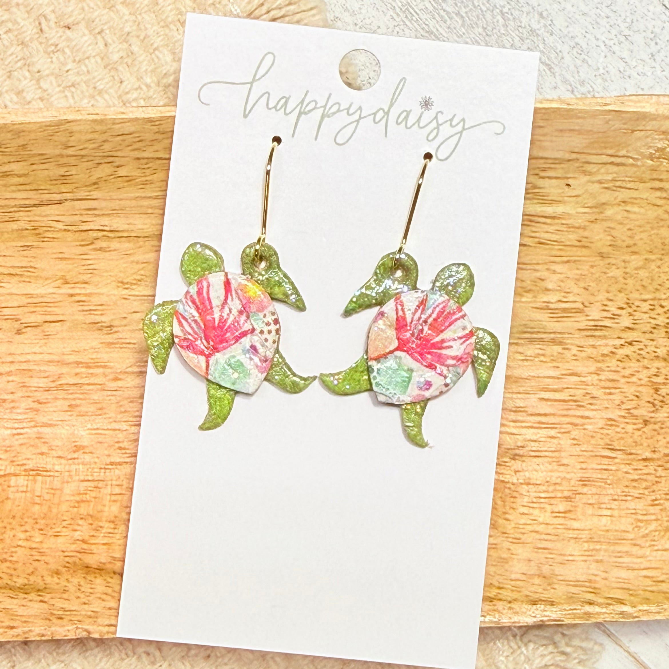Sea Turtle Sage and Floral Leather Earrings