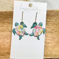 Sea Turtle Teal Blue and Floral Leather Earrings