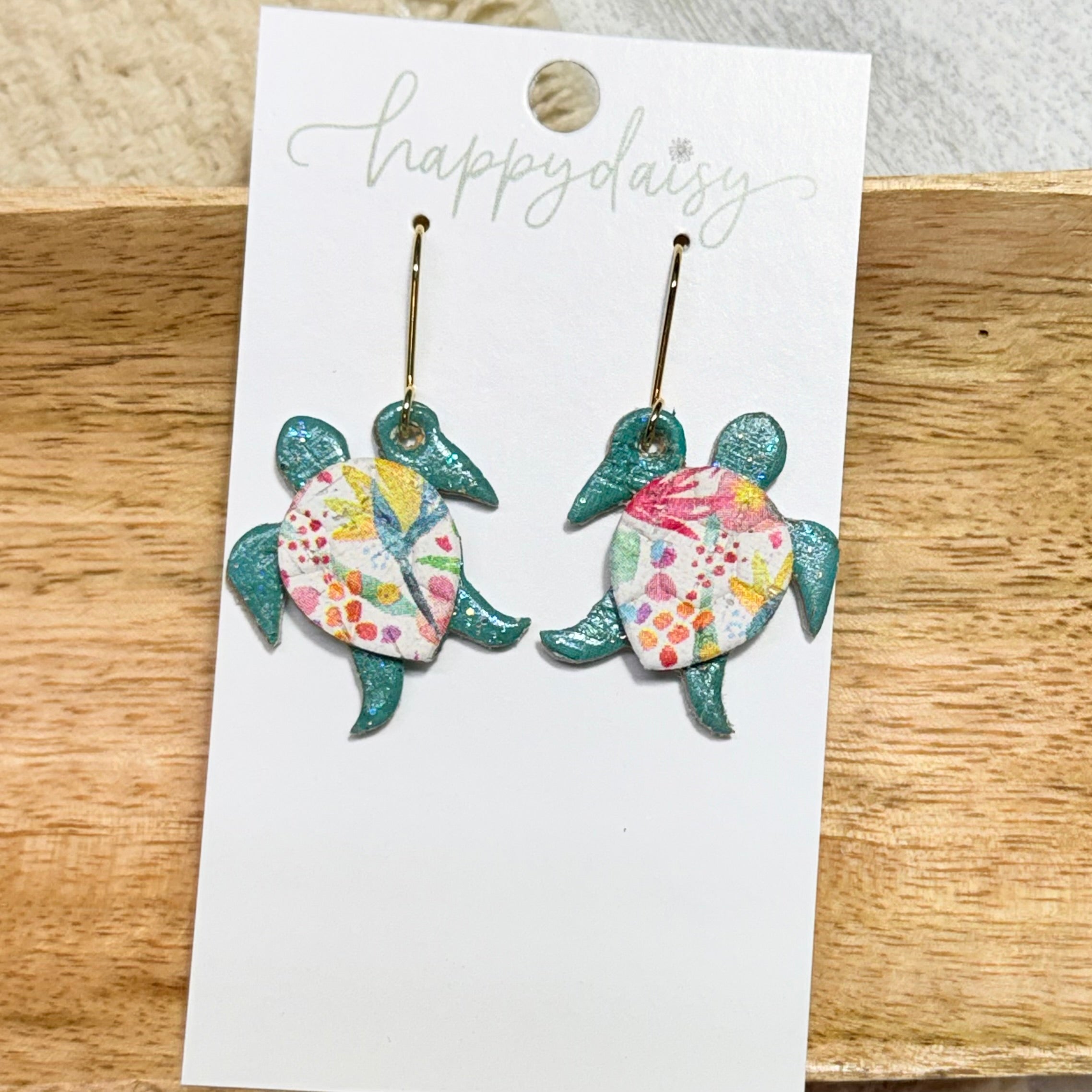 Sea Turtle Teal Blue and Floral Leather Earrings