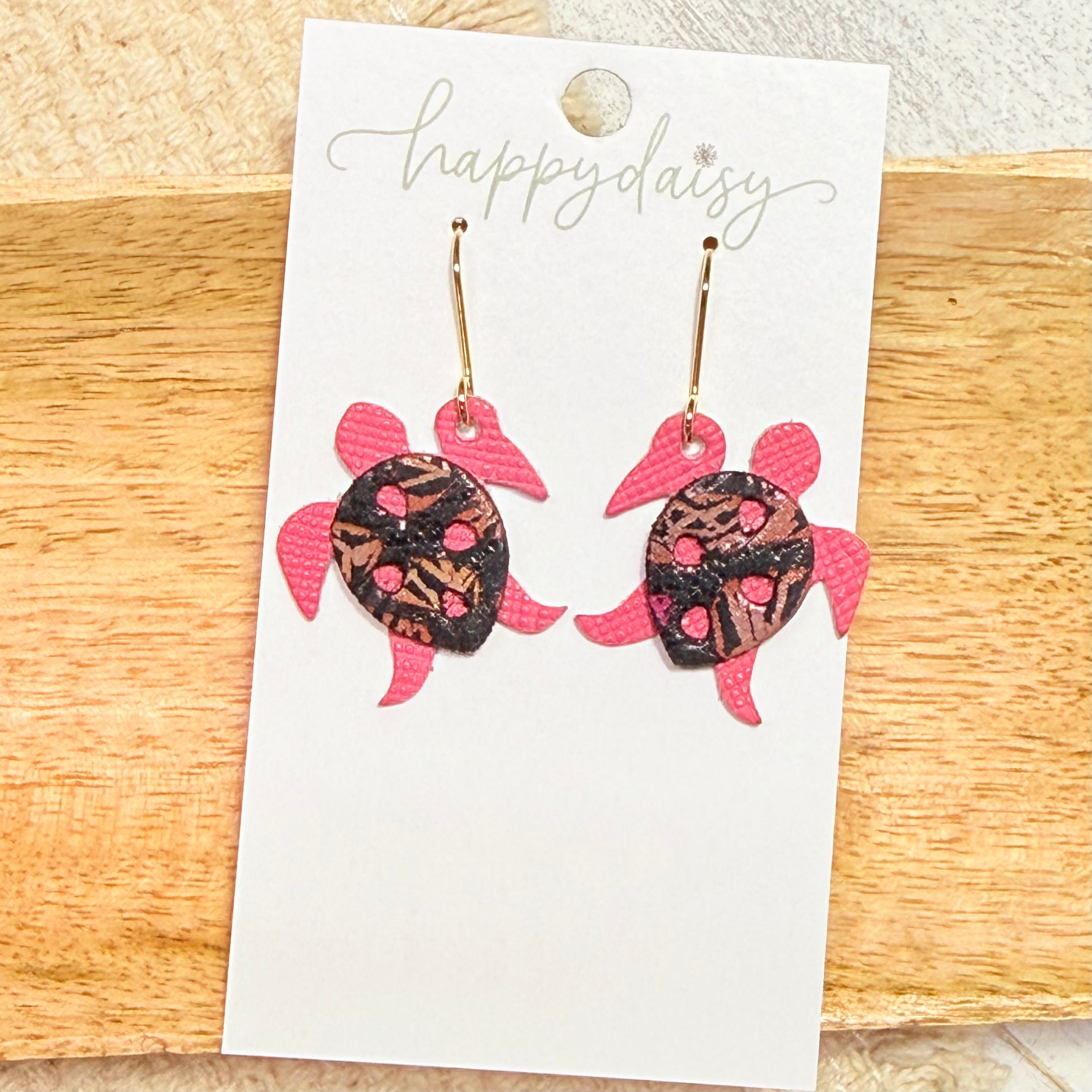 Sea Turtle Pink & Abstract Leather Earrings