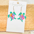 Sea Turtle Teal Green and Floral Leather Earrings 2