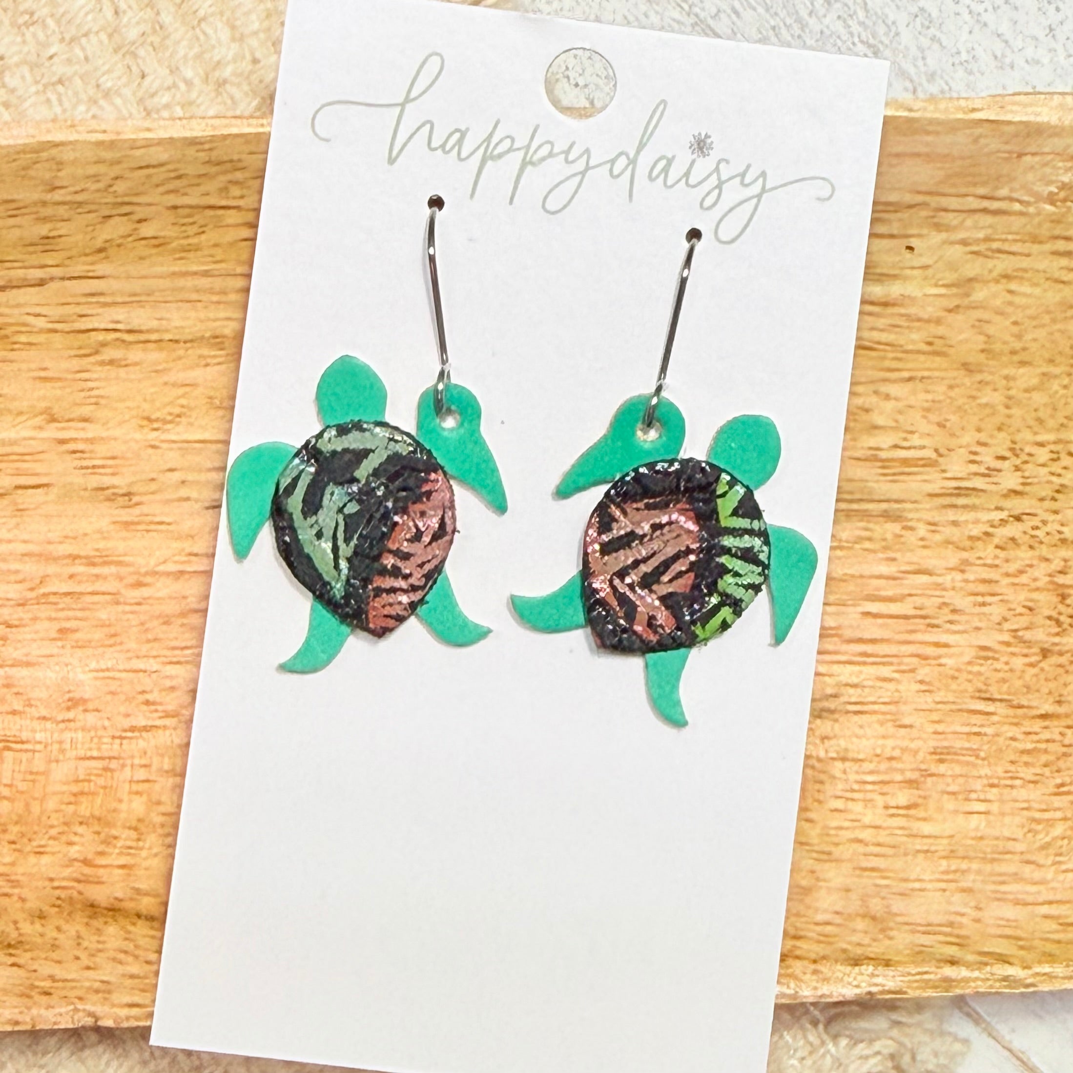 Sea Turtle Teal Leather Earrings