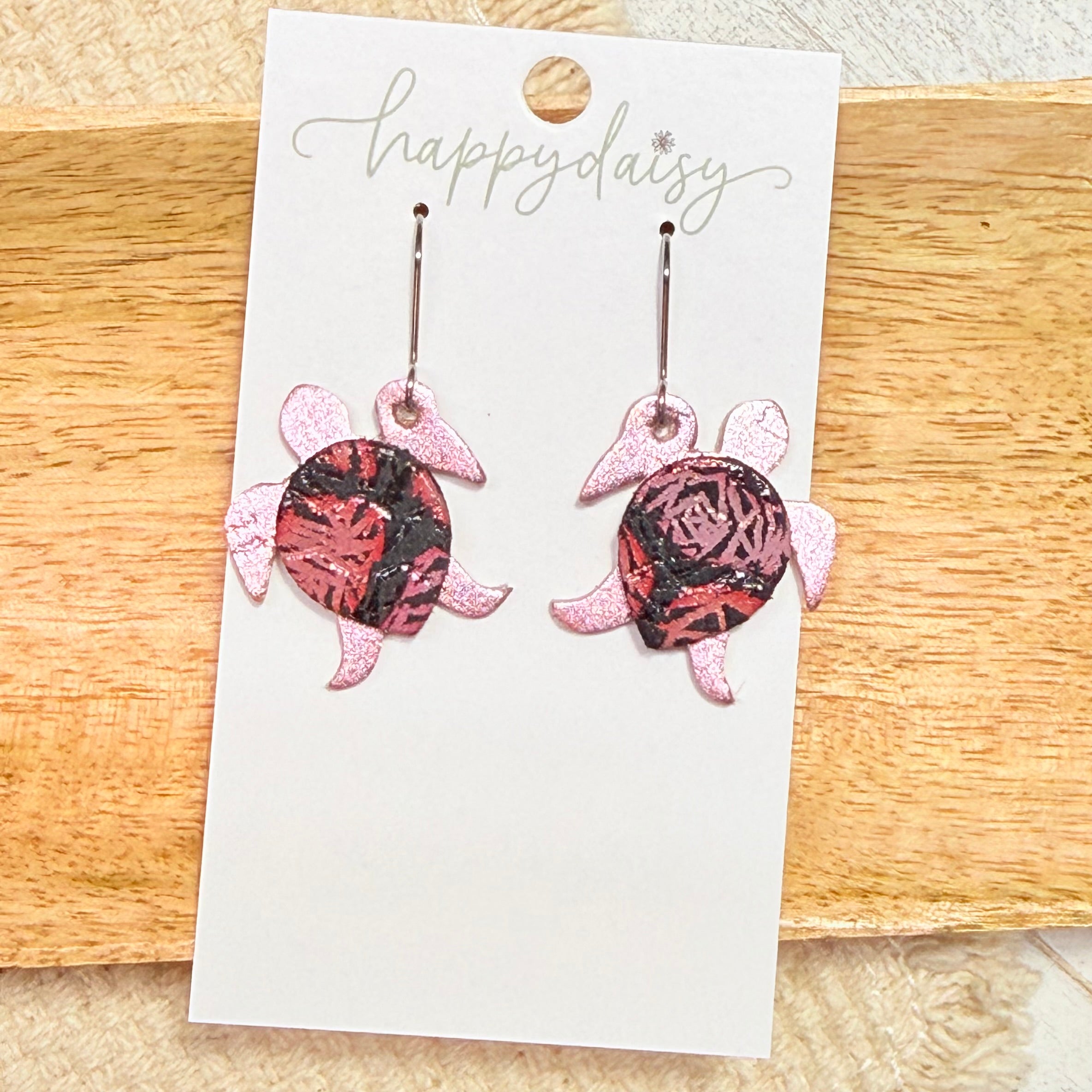 Sea Turtle Metallic Pink Leather Earrings