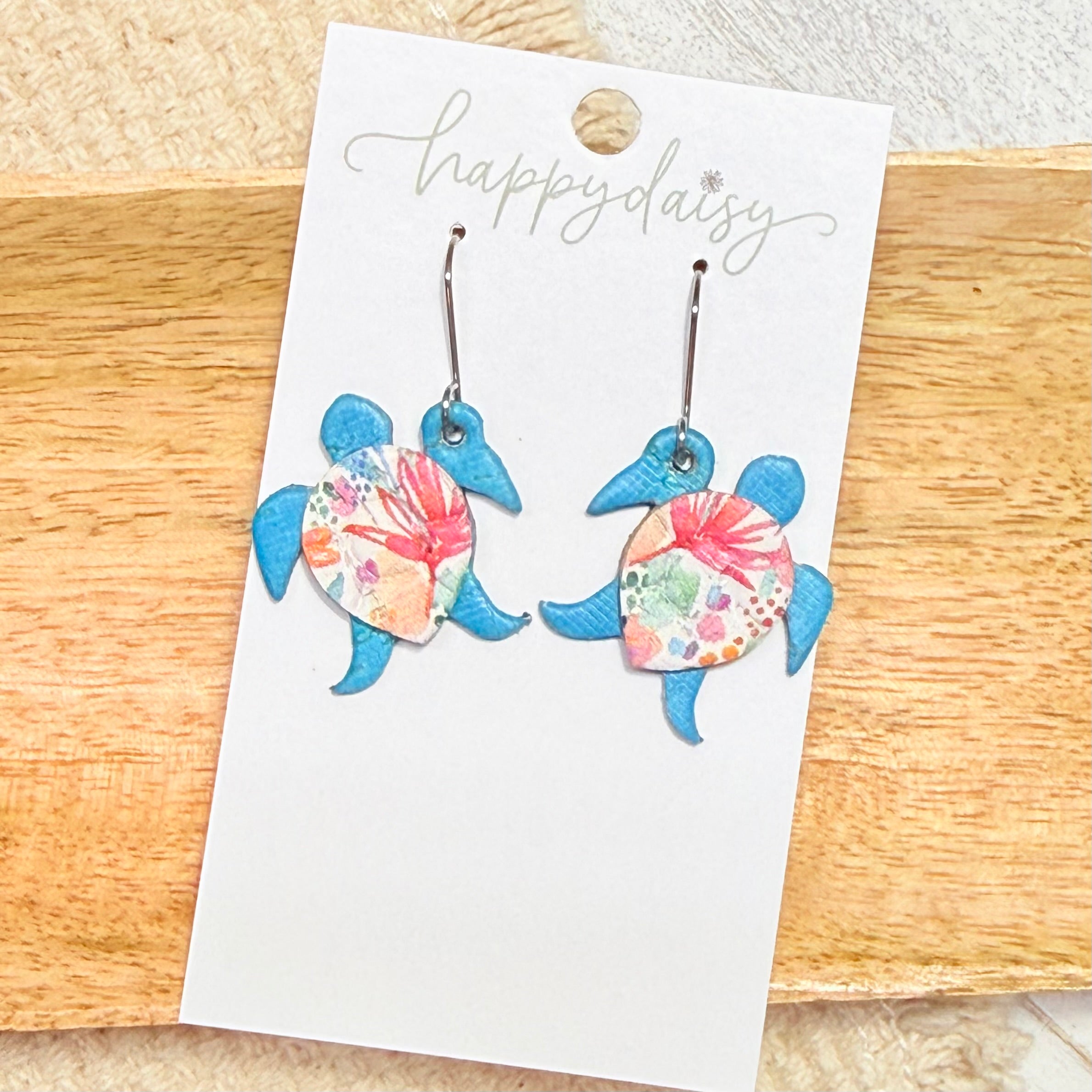 Sea Turtle Turquoise and Floral Leather Earrings