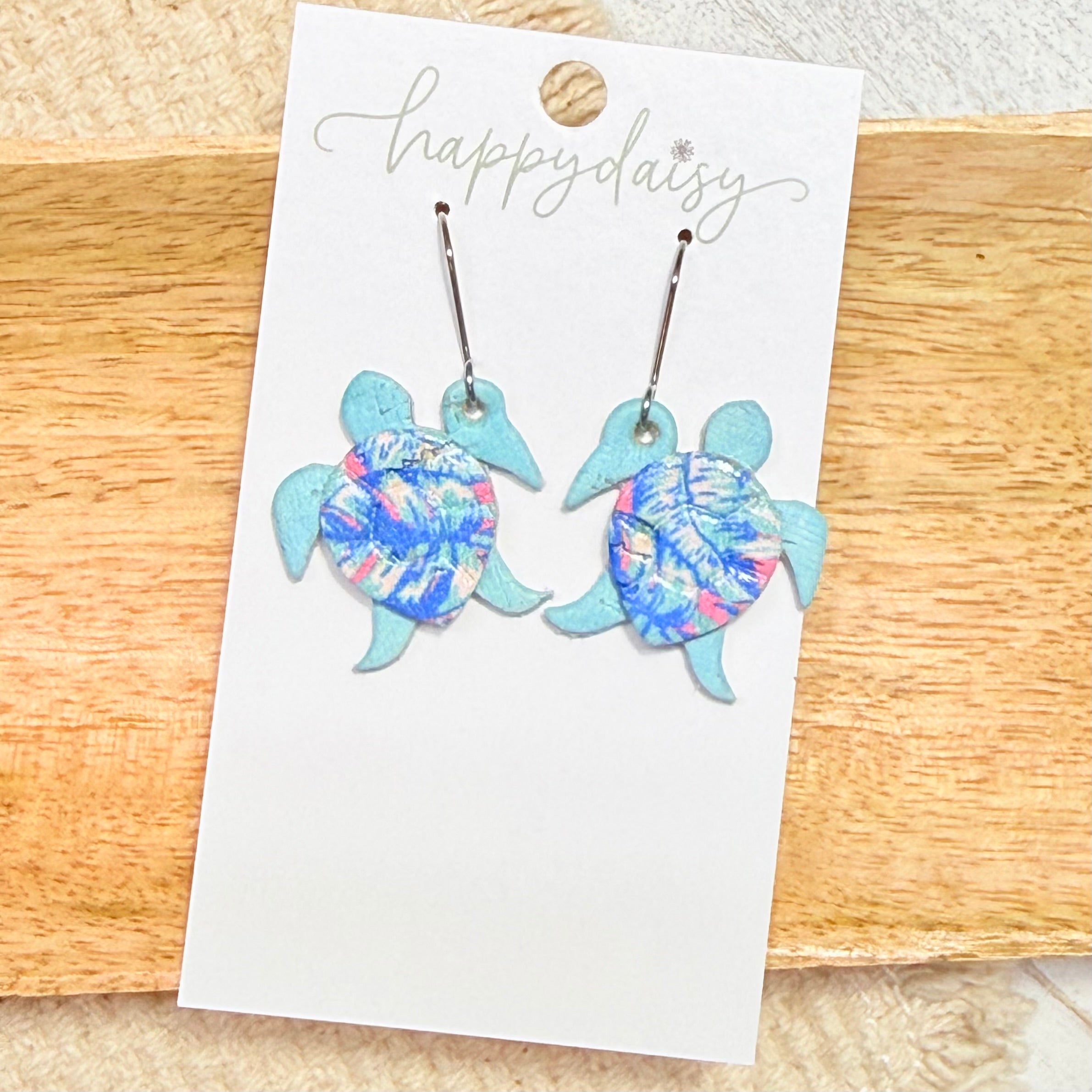 Sea Turtle Light Blue and Floral Leather Earrings