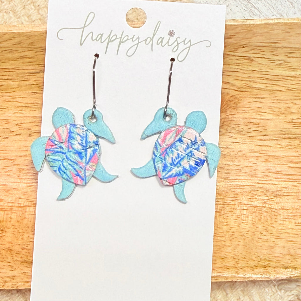 Sea Turtle Light Blue and Floral Leather Earrings