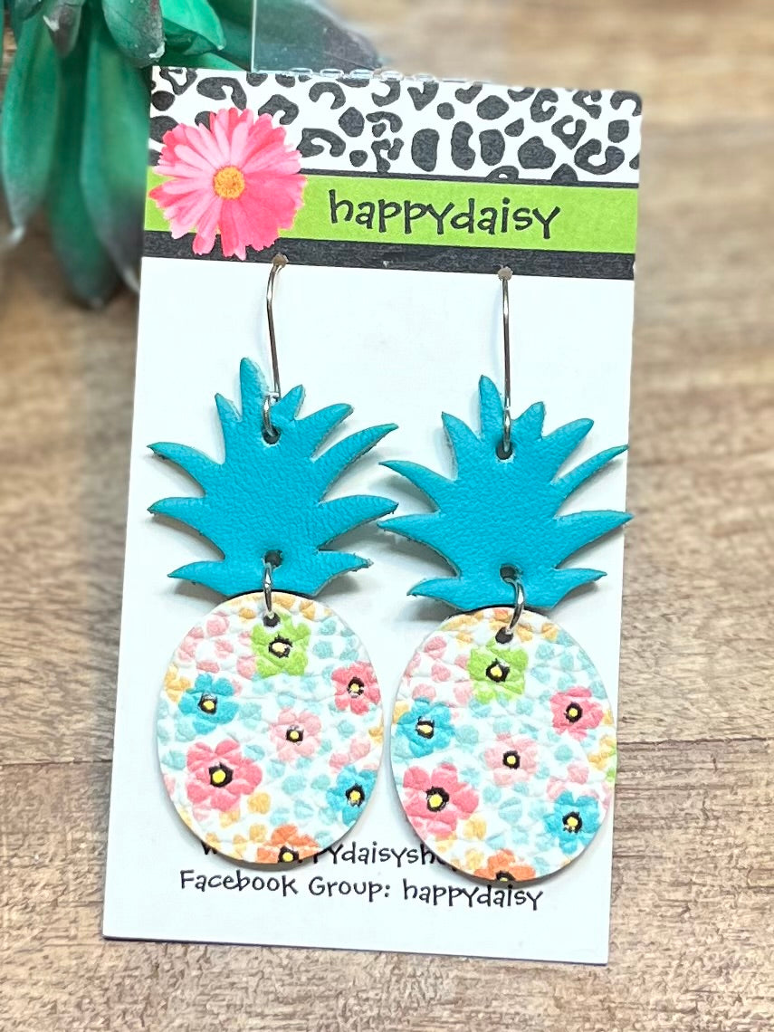 Pineapple Turquoise and Multicolor Floral Print Leather Summer Earrings