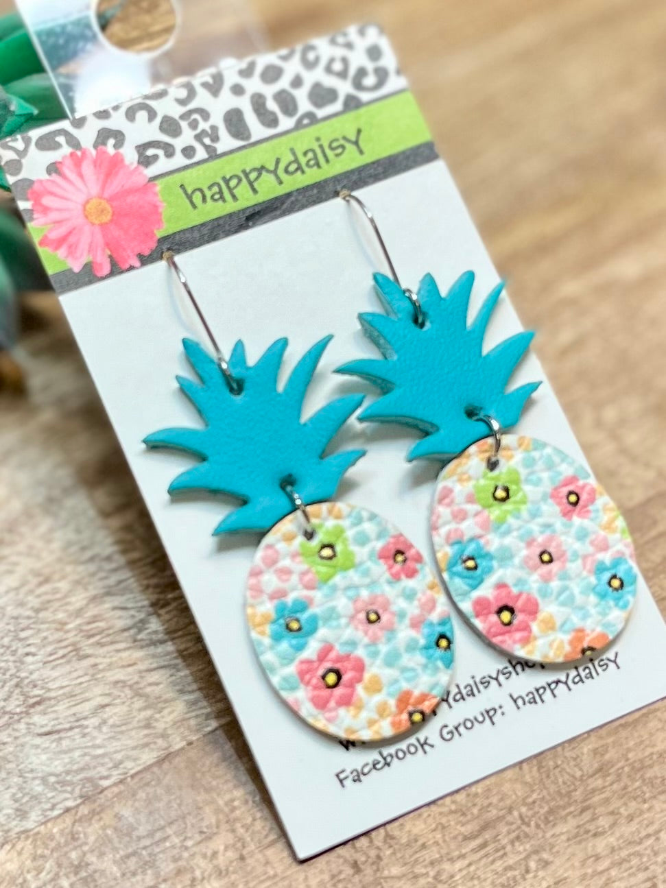 Pineapple Turquoise and Multicolor Floral Print Leather Summer Earrings