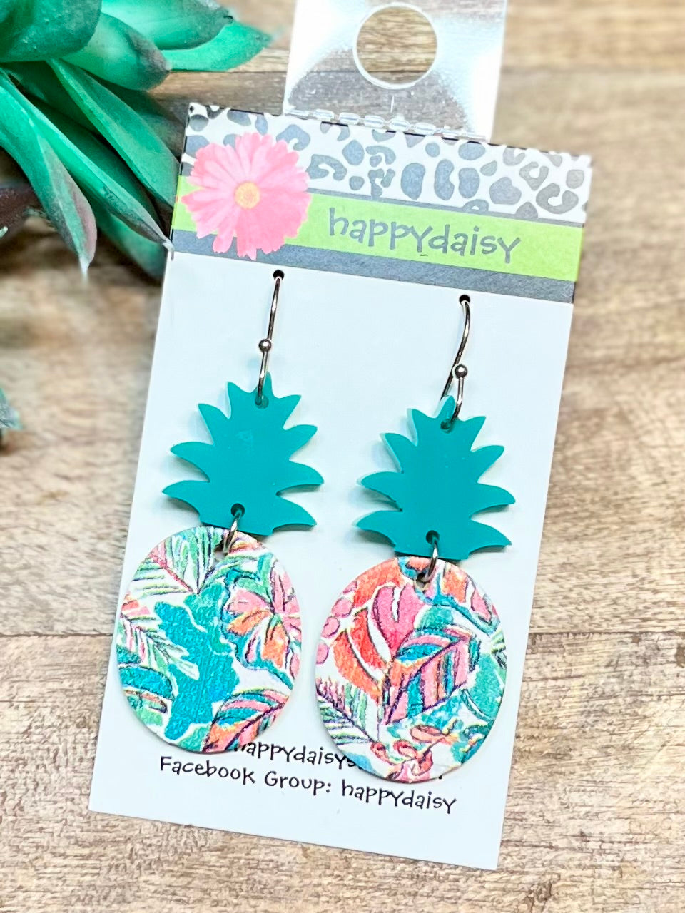 Pineapple Teal and Multicolor Floral Print Leather Summer Earrings - Acrylic Topper