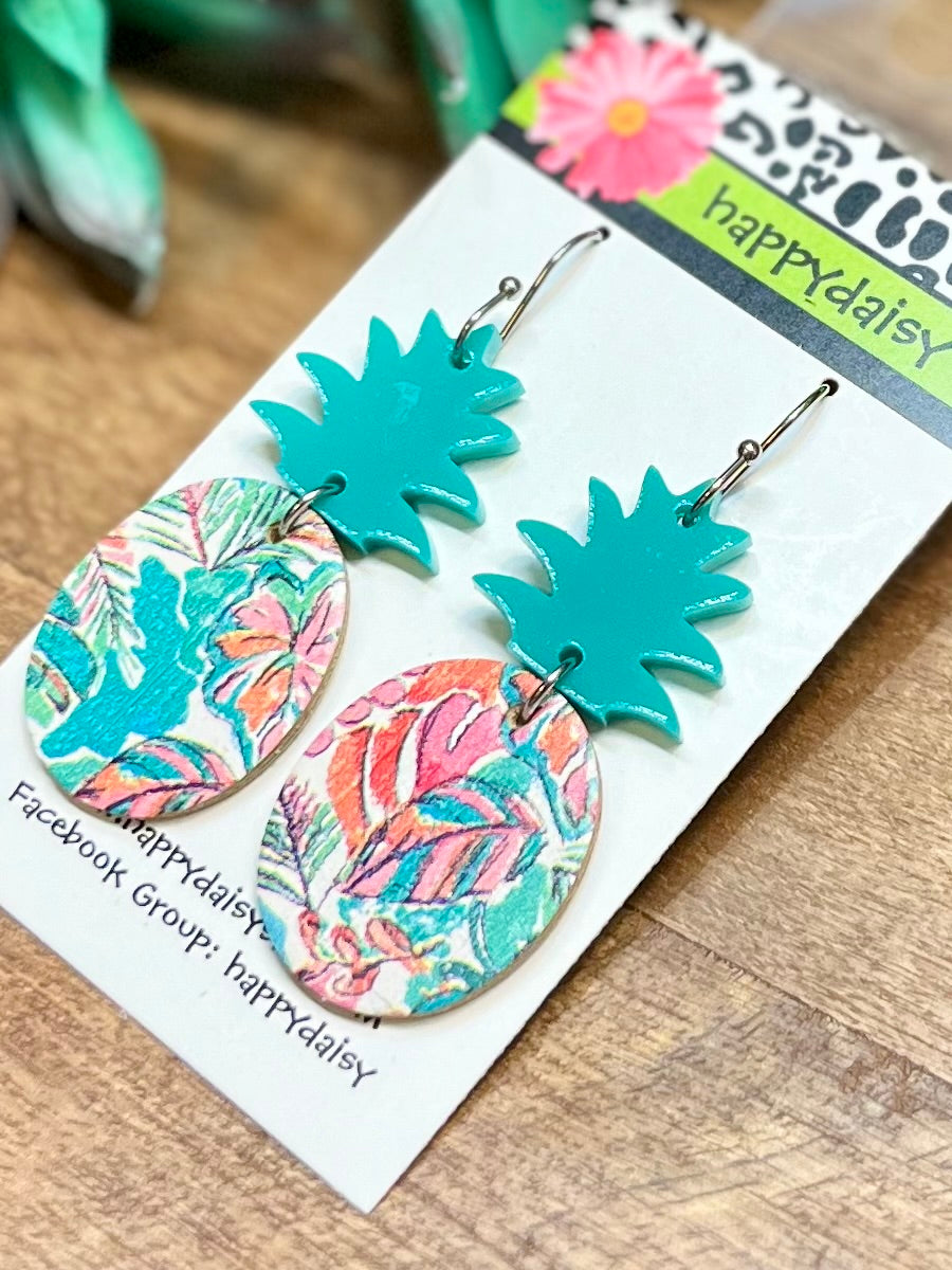 Pineapple Teal and Multicolor Floral Print Leather Summer Earrings - Acrylic Topper