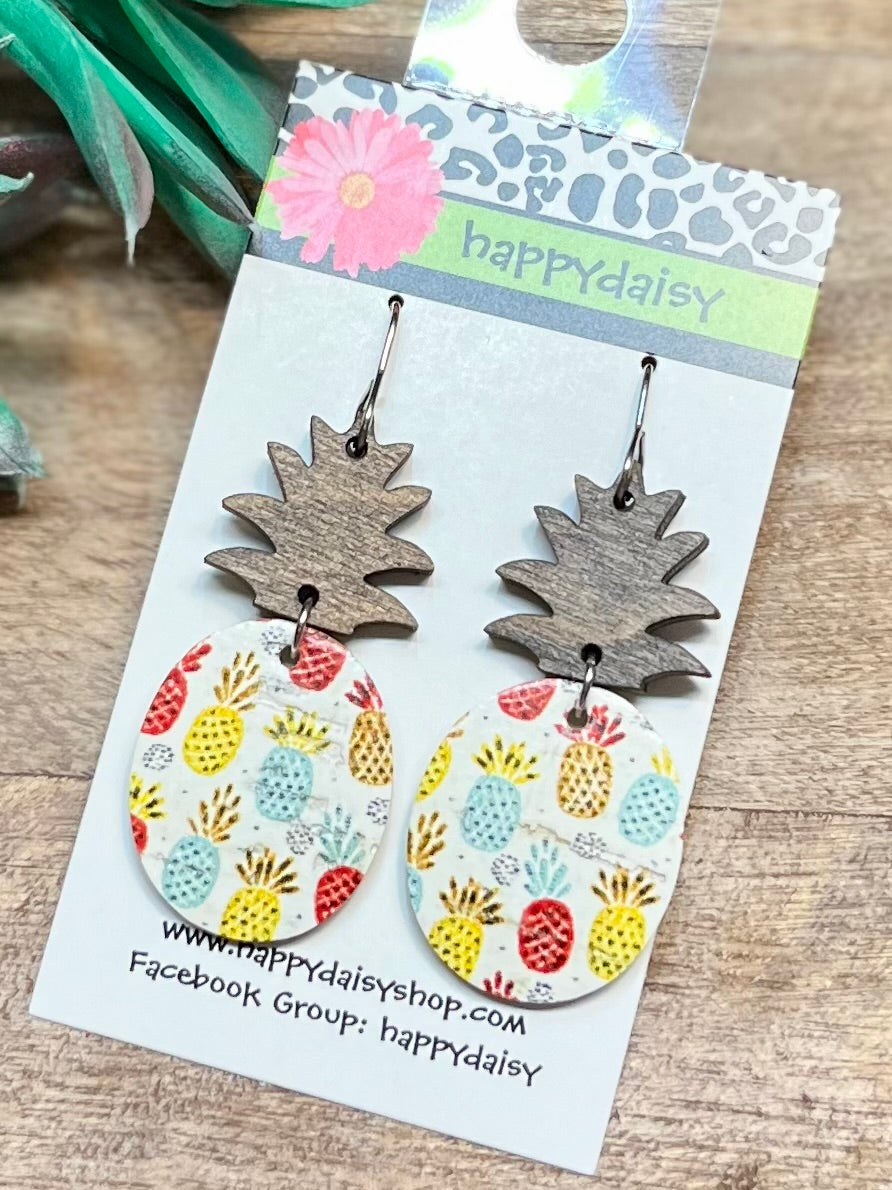 Pineapple Print Pineapple Cork on Leather Summer Earrings - Wood Topper