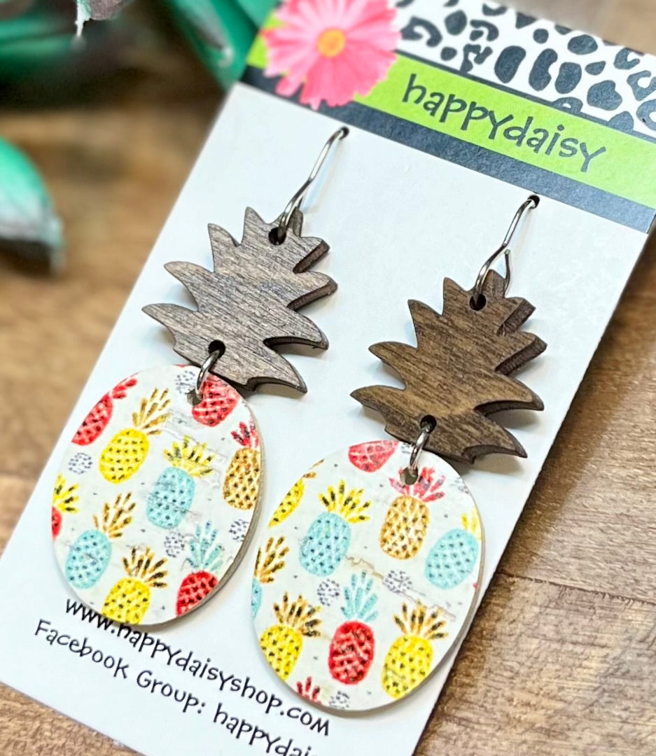 Pineapple Print Pineapple Cork on Leather Summer Earrings - Wood Topper