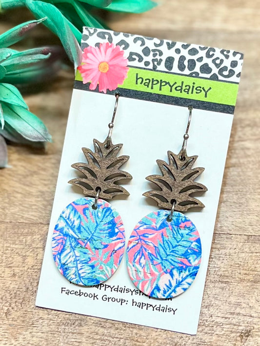 Pineapple Pink Turquoise Blue Floral Print Cork on Leather Summer Earrings - Wood Topper