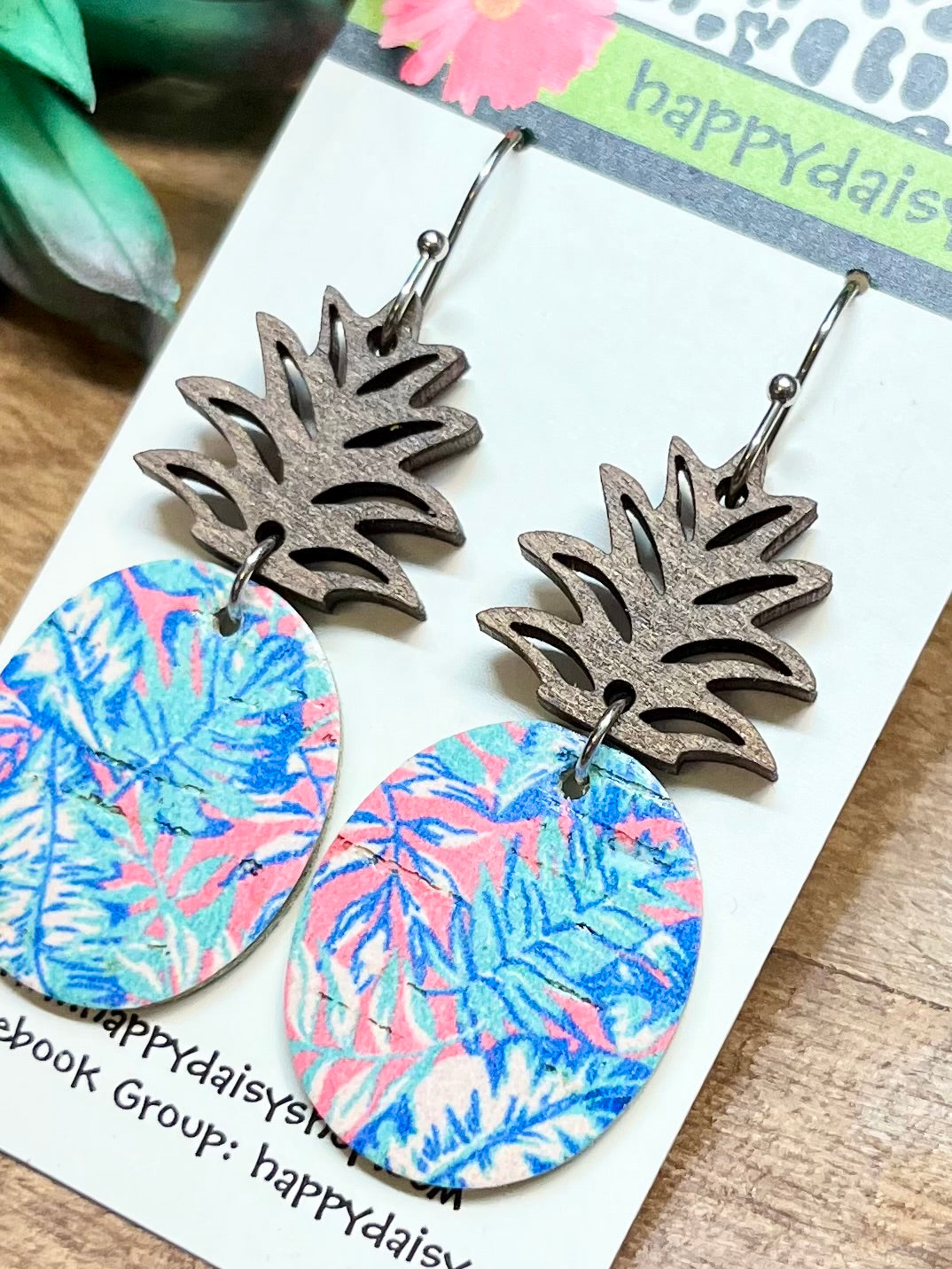 Pineapple Pink Turquoise Blue Floral Print Cork on Leather Summer Earrings - Wood Topper