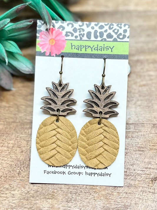 Pineapple Tan/Gold Braid Embossed Leather Summer Earrings - Wood Topper