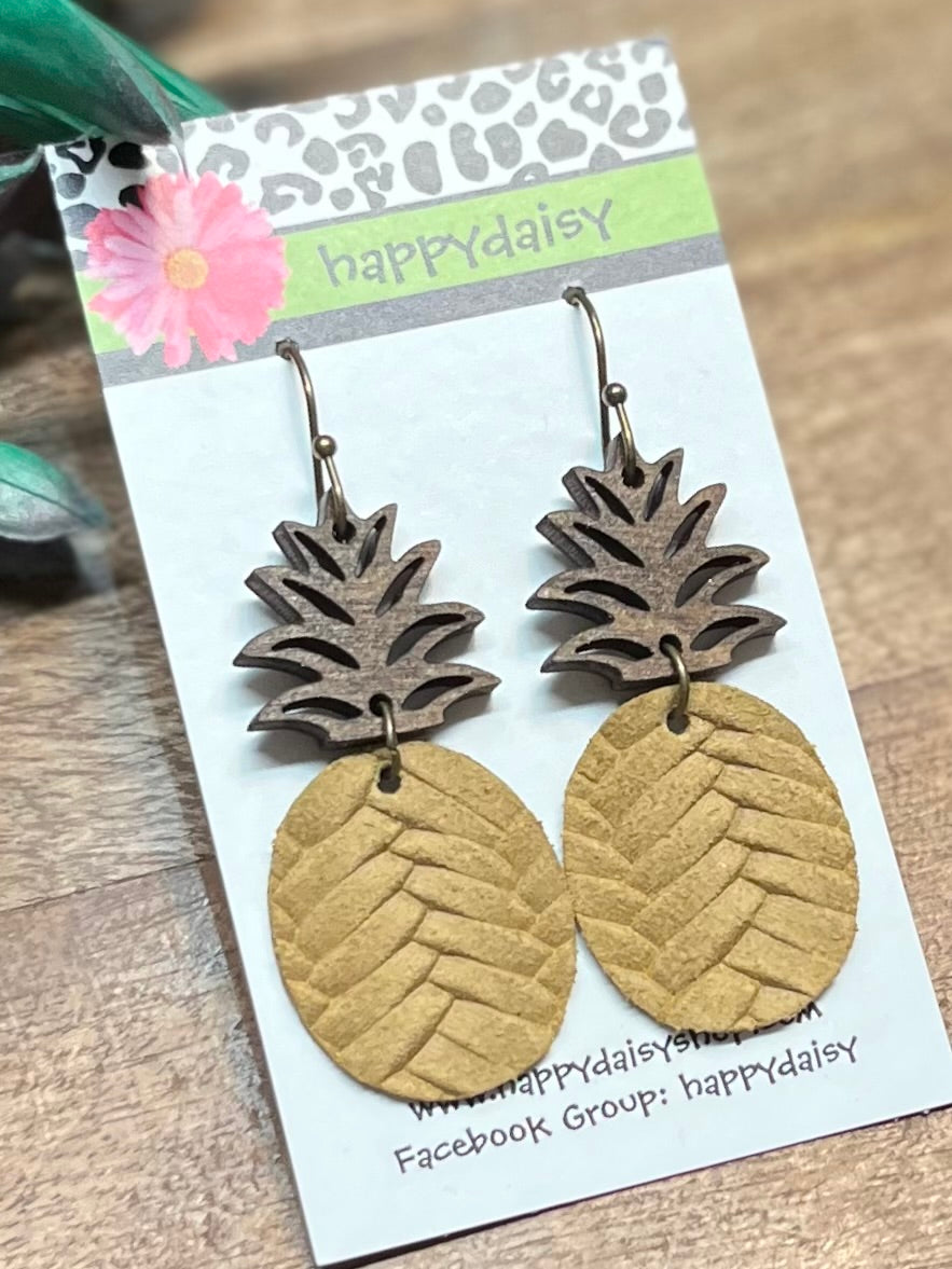 Pineapple Tan/Gold Braid Embossed Leather Summer Earrings - Wood Topper