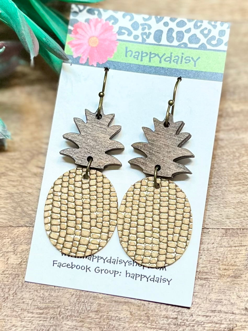 Pineapple Gold Embossed Leather Summer Earrings - Wood Topper