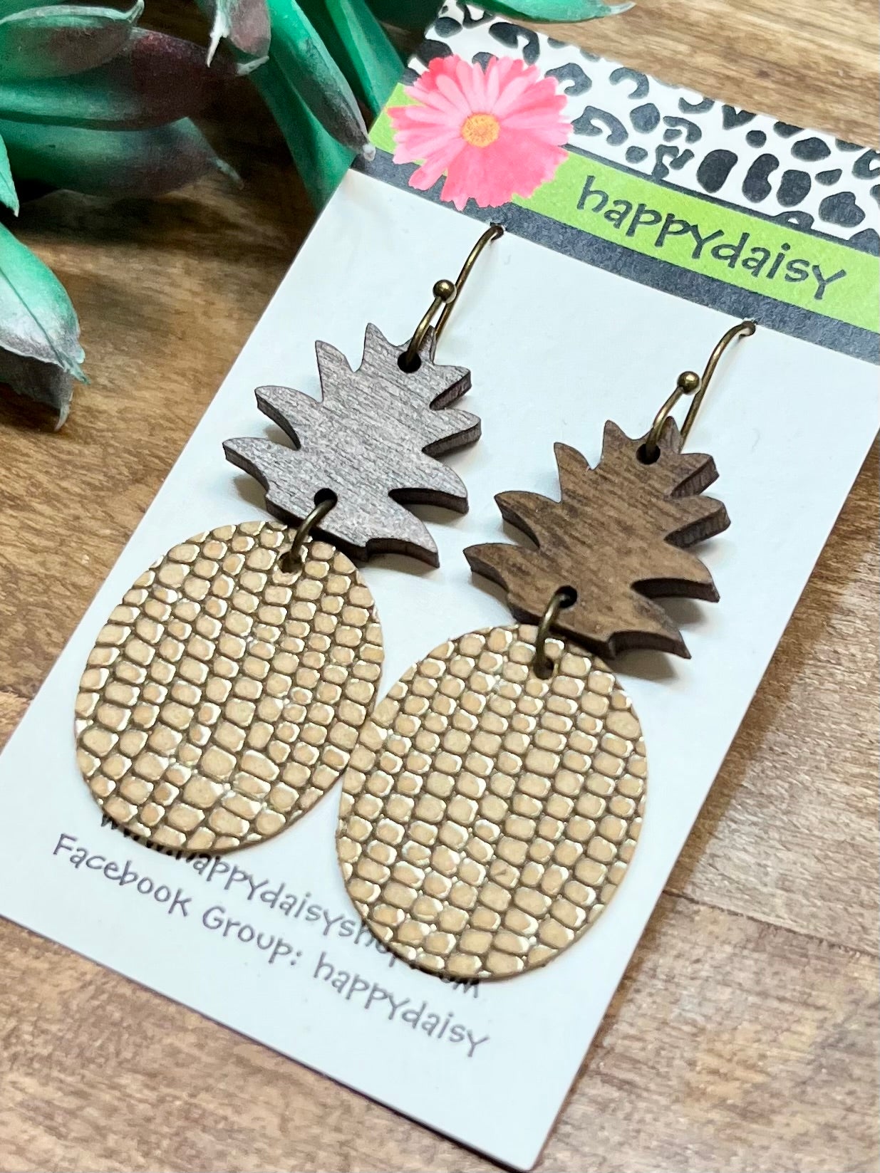 Pineapple Gold Embossed Leather Summer Earrings - Wood Topper