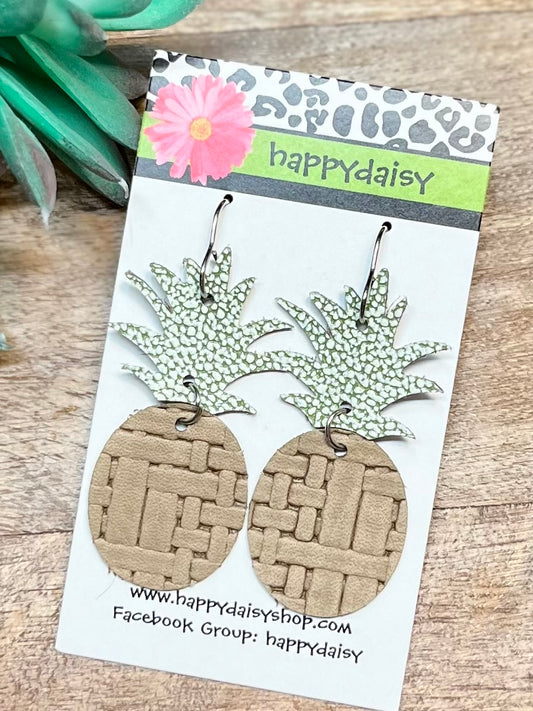 Pineapple Tan Basket Weave Embossed Leather Summer Earrings