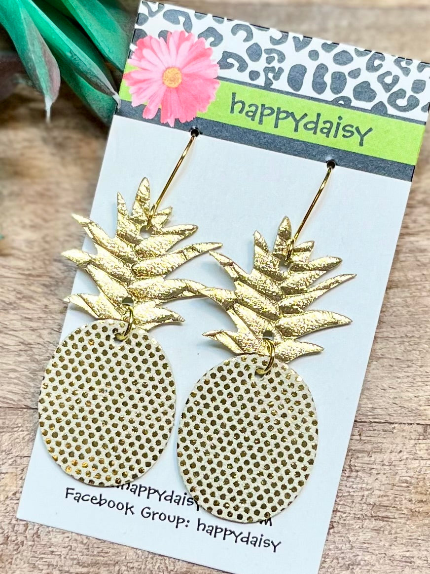 Pineapple Gold Micro Dots Metallic Leather Summer Earrings