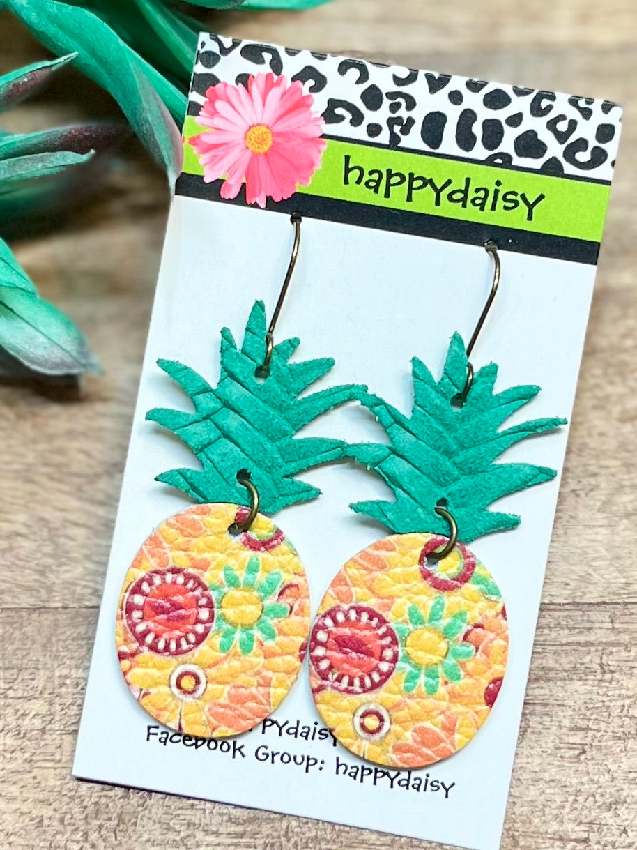 Pineapple Yellow Orange Green Floral Print Leather Summer Earrings