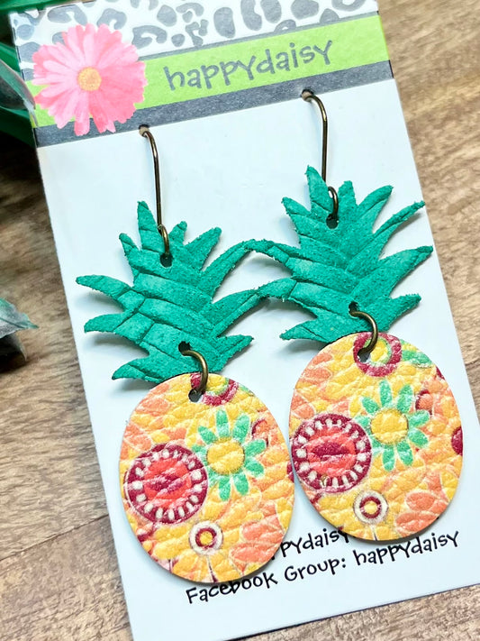 Pineapple Yellow Orange Green Floral Print Leather Summer Earrings