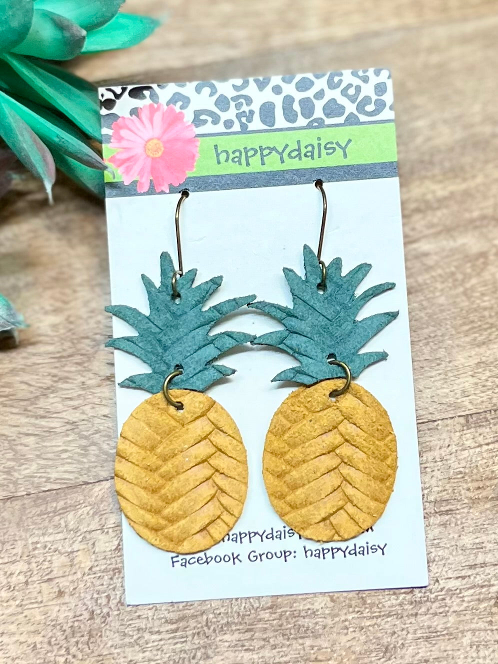 Pineapple Yellow Gold Braid Embossed Leather Summer Earrings