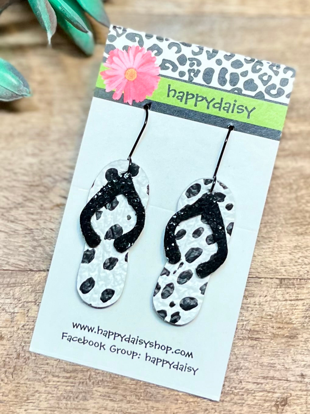 Flip Flop Black and White Animal Print Leather Summer Earrings