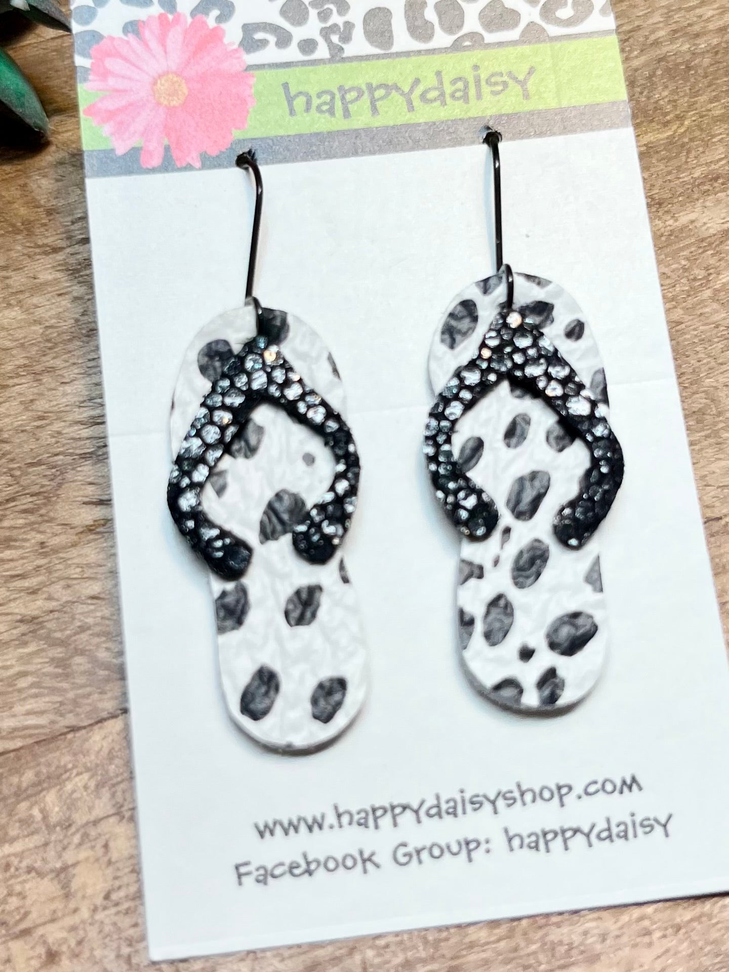 Flip Flop Black and White Animal Print Leather Summer Earrings