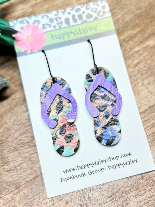 Flip Flop Multicolor Animal Print Leather Summer Earrings