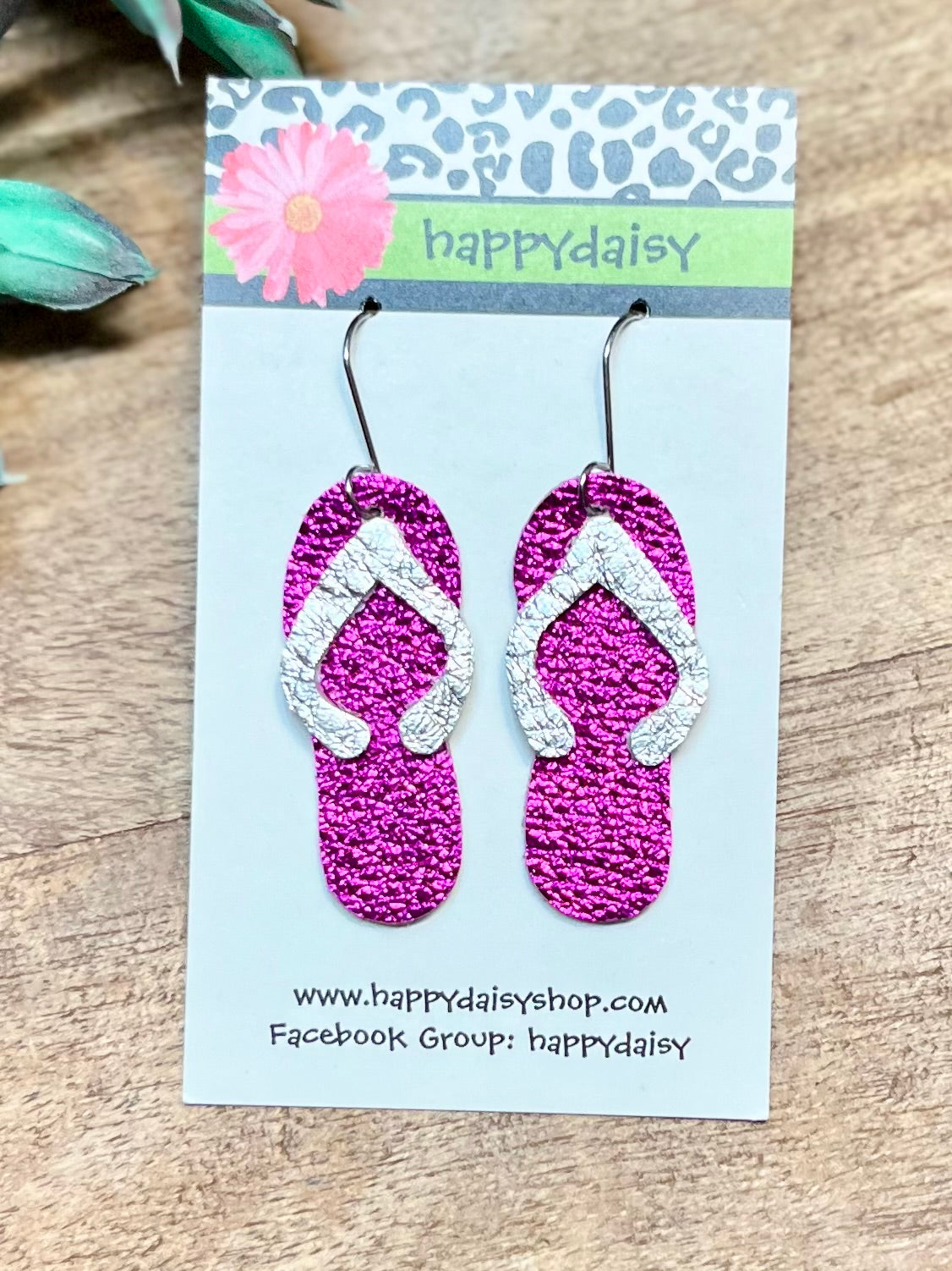 Flip Flop Pink and Silver Metallic Leather Summer Earrings