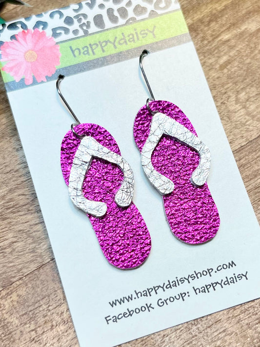 Flip Flop Pink and Silver Metallic Leather Summer Earrings