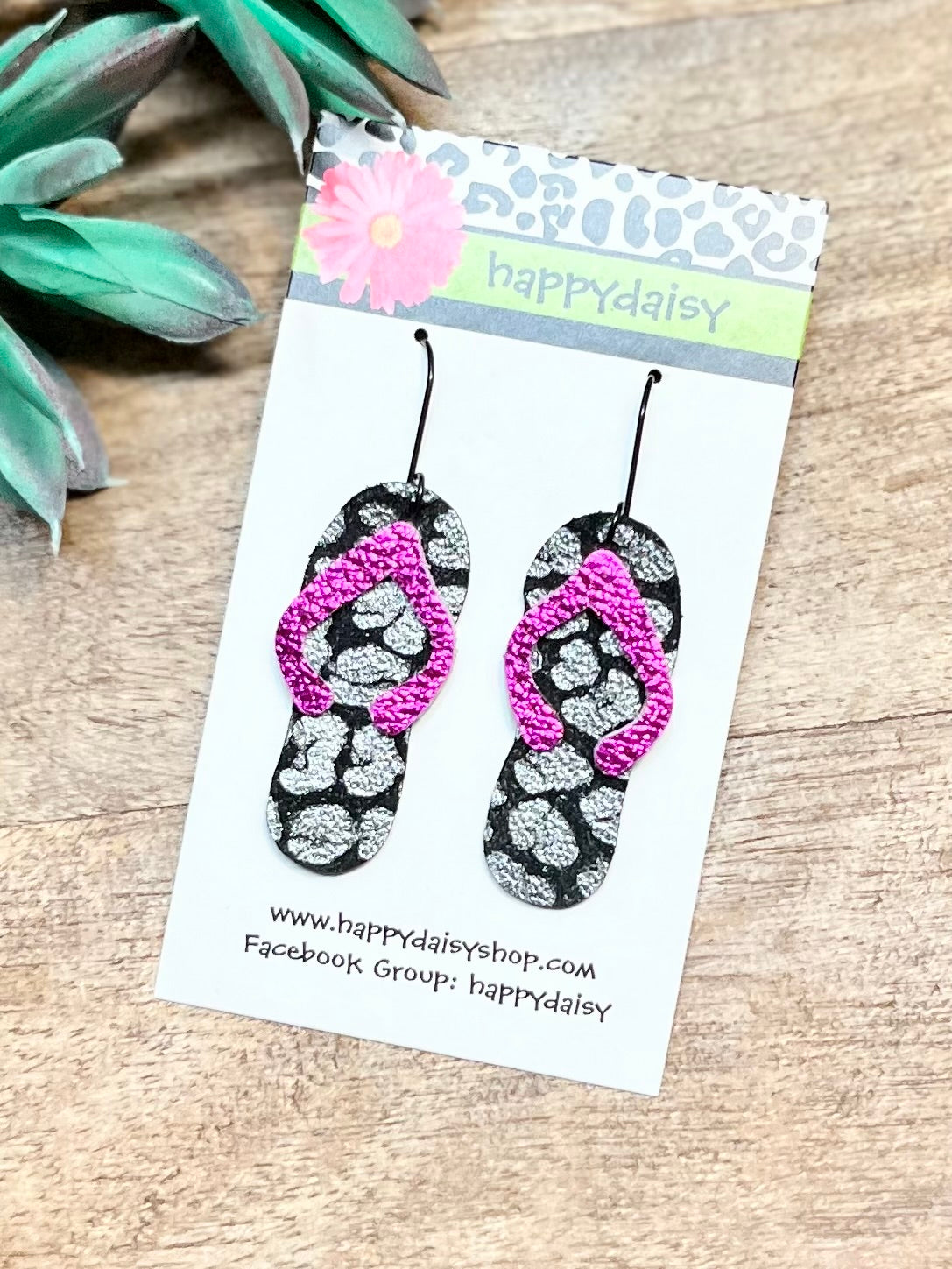 Flip Flop Pink, Black, and Silver Animal Print Leather Summer Earrings