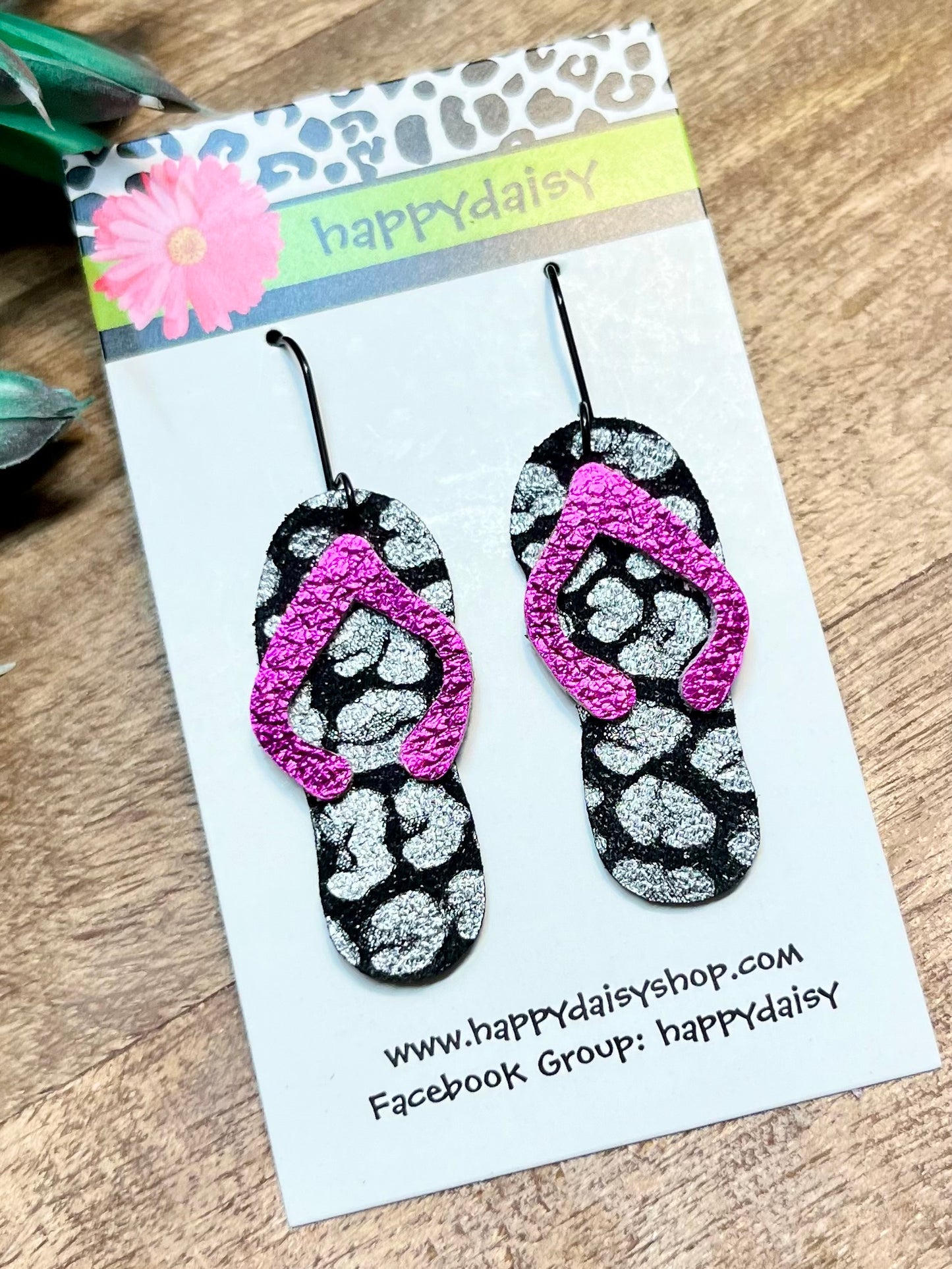 Flip Flop Pink, Black, and Silver Animal Print Leather Summer Earrings