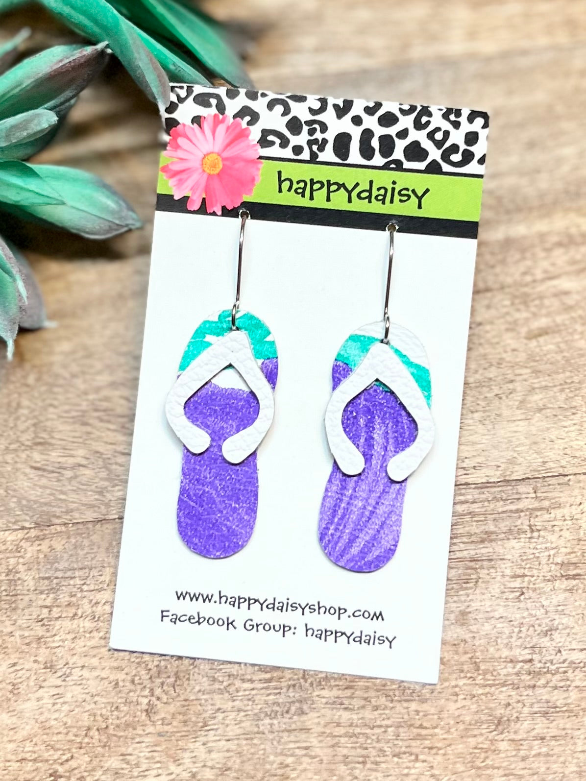 Flip Flop Purple, Green, and White Leather Summer Earrings