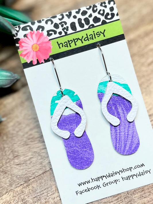 Flip Flop Purple, Green, and White Leather Summer Earrings