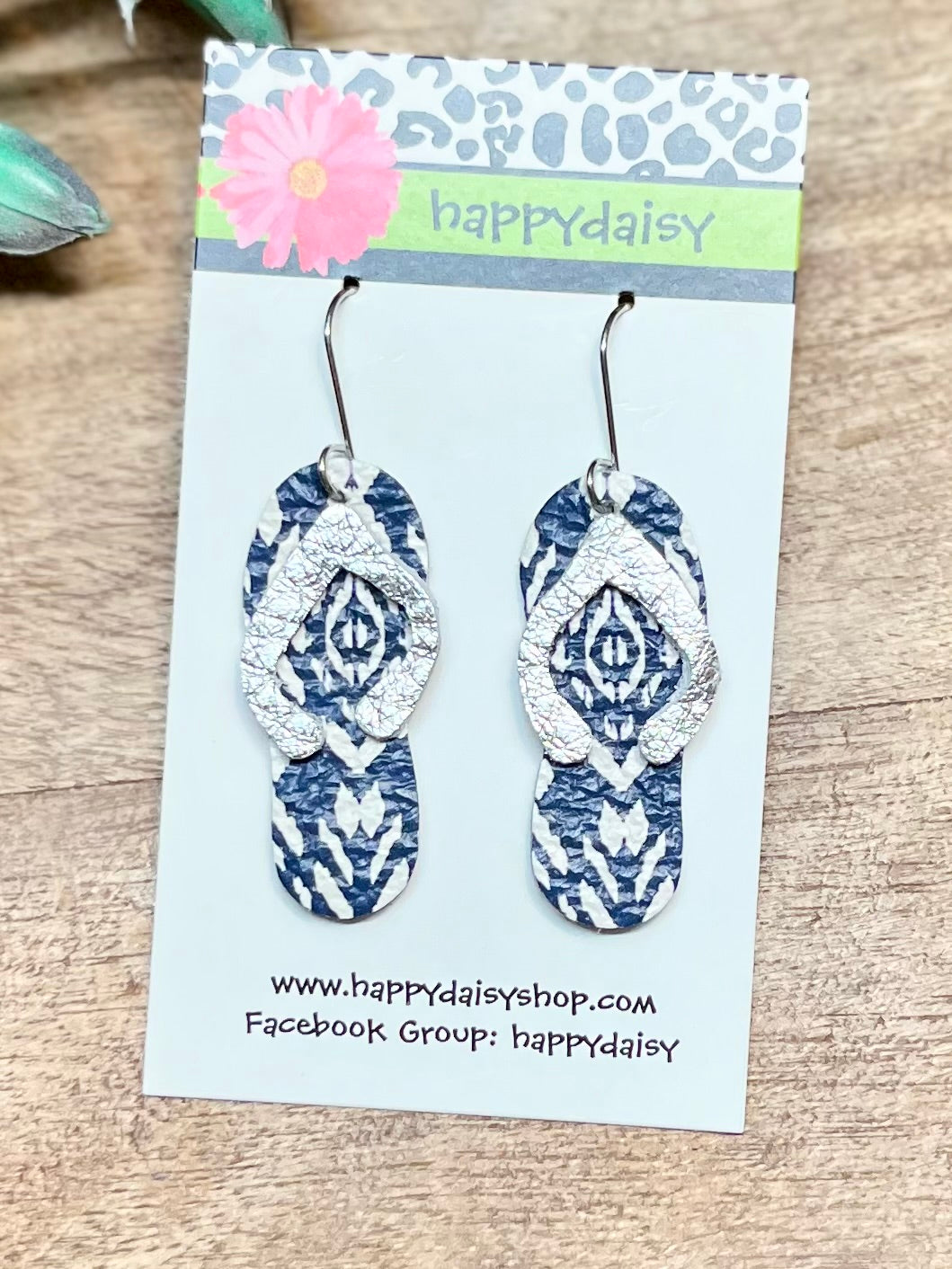 Flip Flop Blue and Silver Leather Summer Earrings