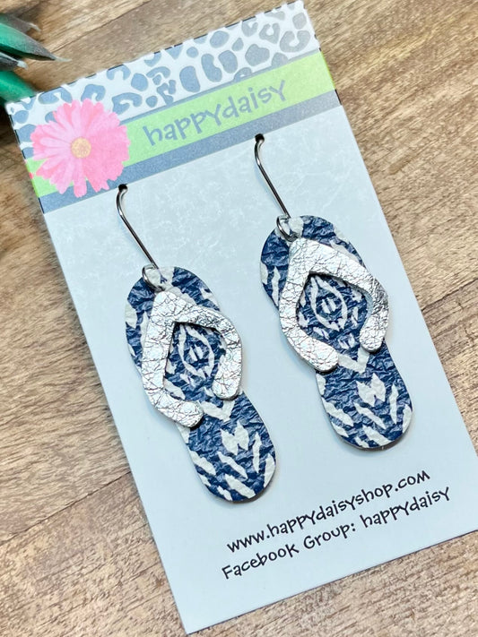 Flip Flop Blue and Silver Leather Summer Earrings