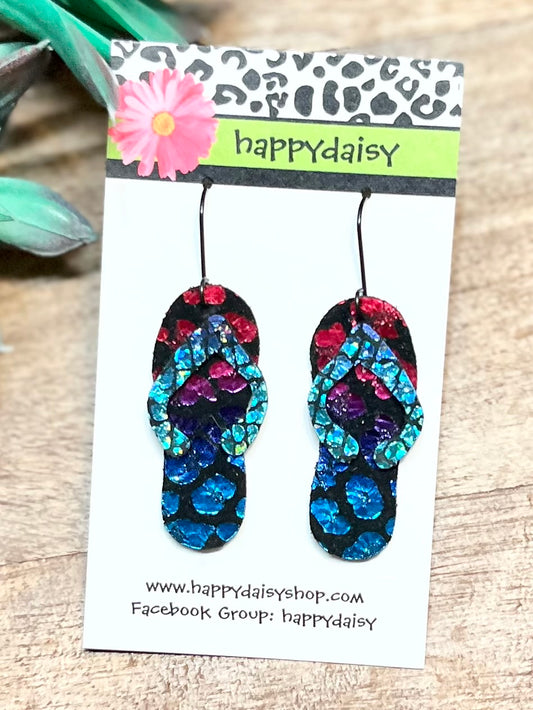 Flip Flop Blue, Purple, and Pink Metallic Animal Print Leather Summer Earrings