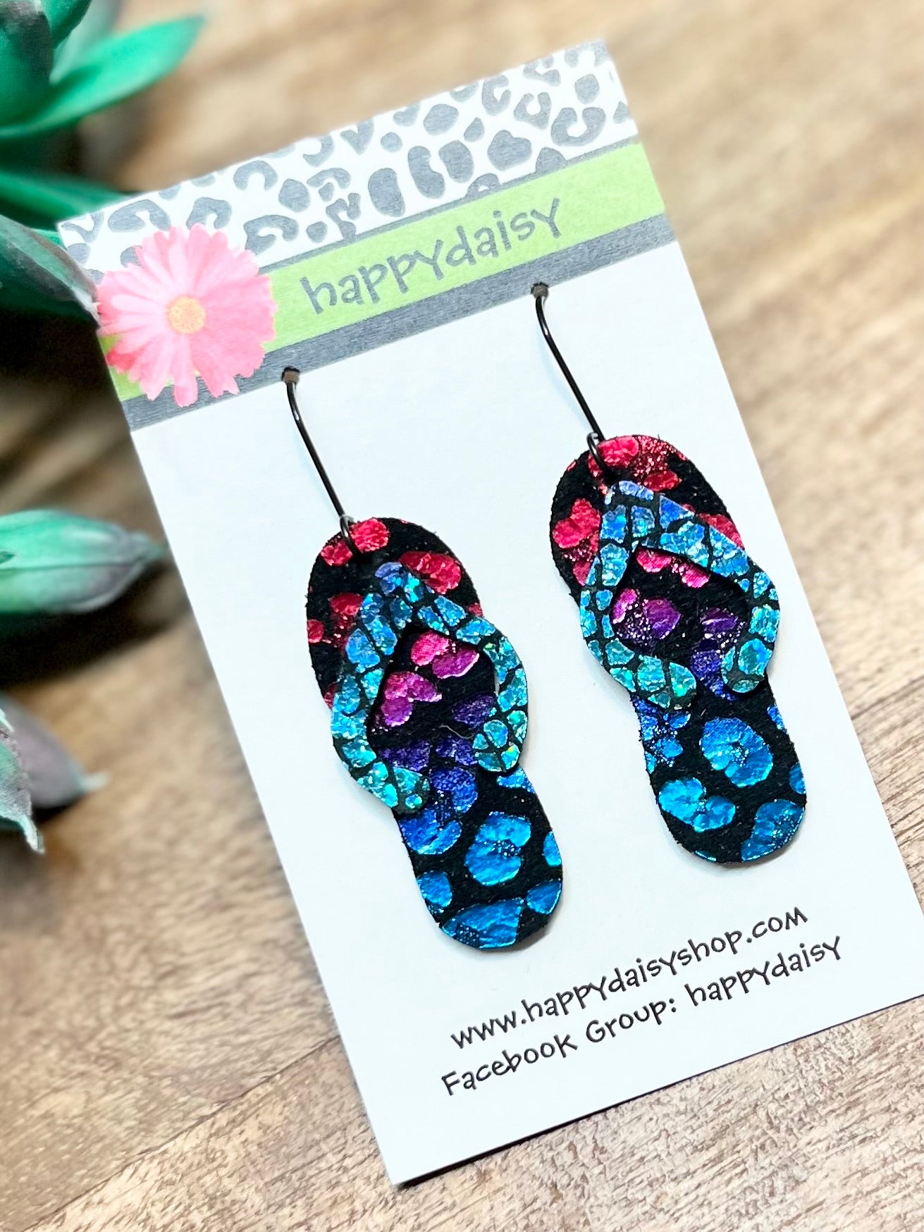 Flip Flop Blue, Purple, and Pink Metallic Animal Print Leather Summer Earrings