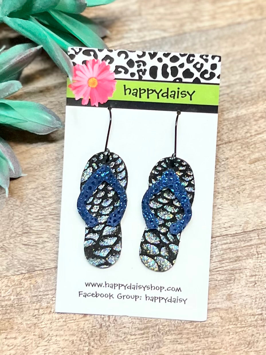 Flip Flop Blue, Black and Silver Metallic Leather Summer Earrings