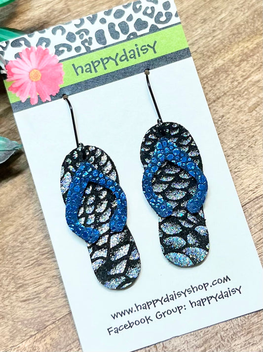 Flip Flop Blue, Black and Silver Metallic Leather Summer Earrings