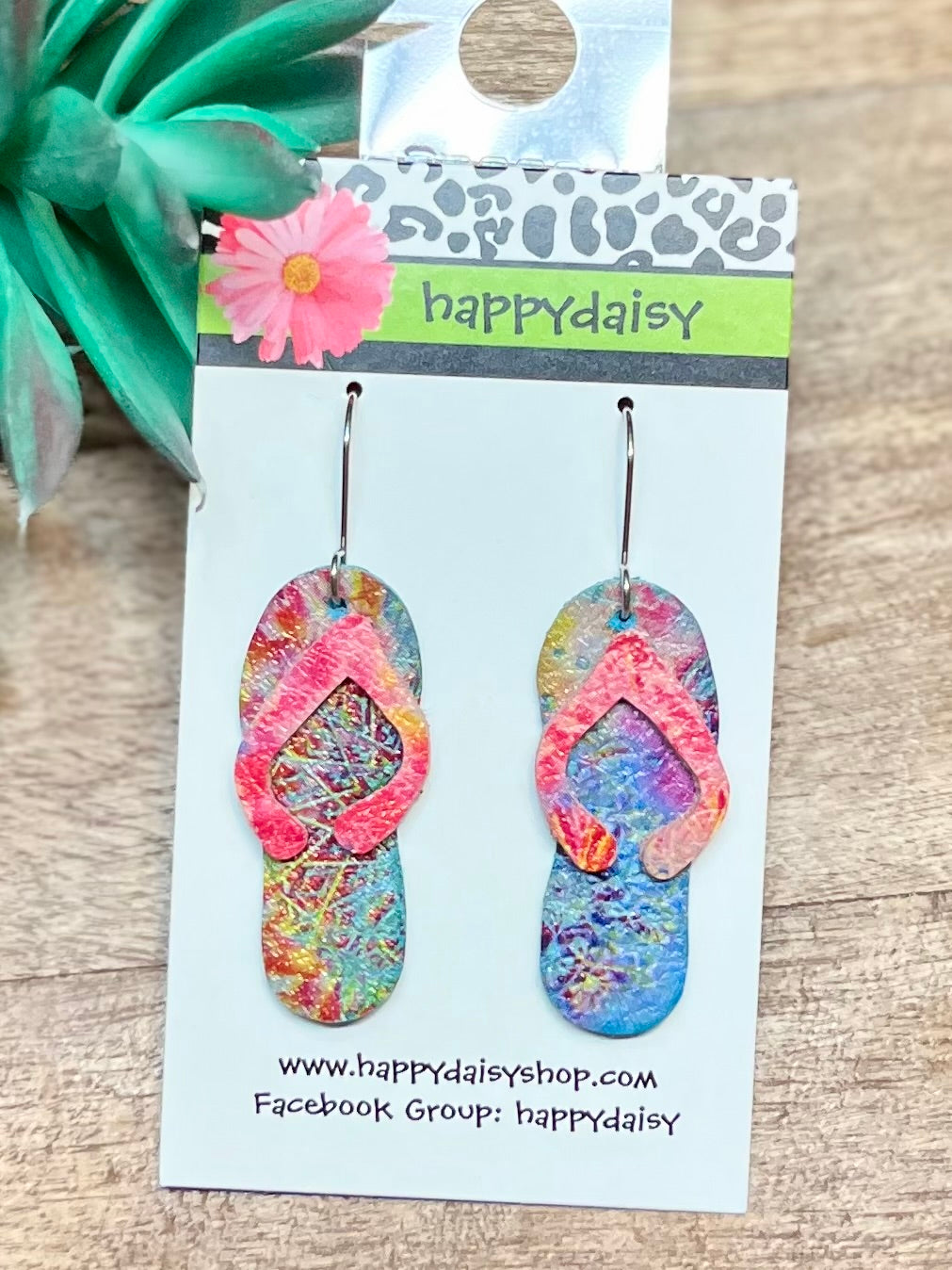 Flip Flop Blue, Pink, Multicolor Tie Dye Leather Summer Earrings