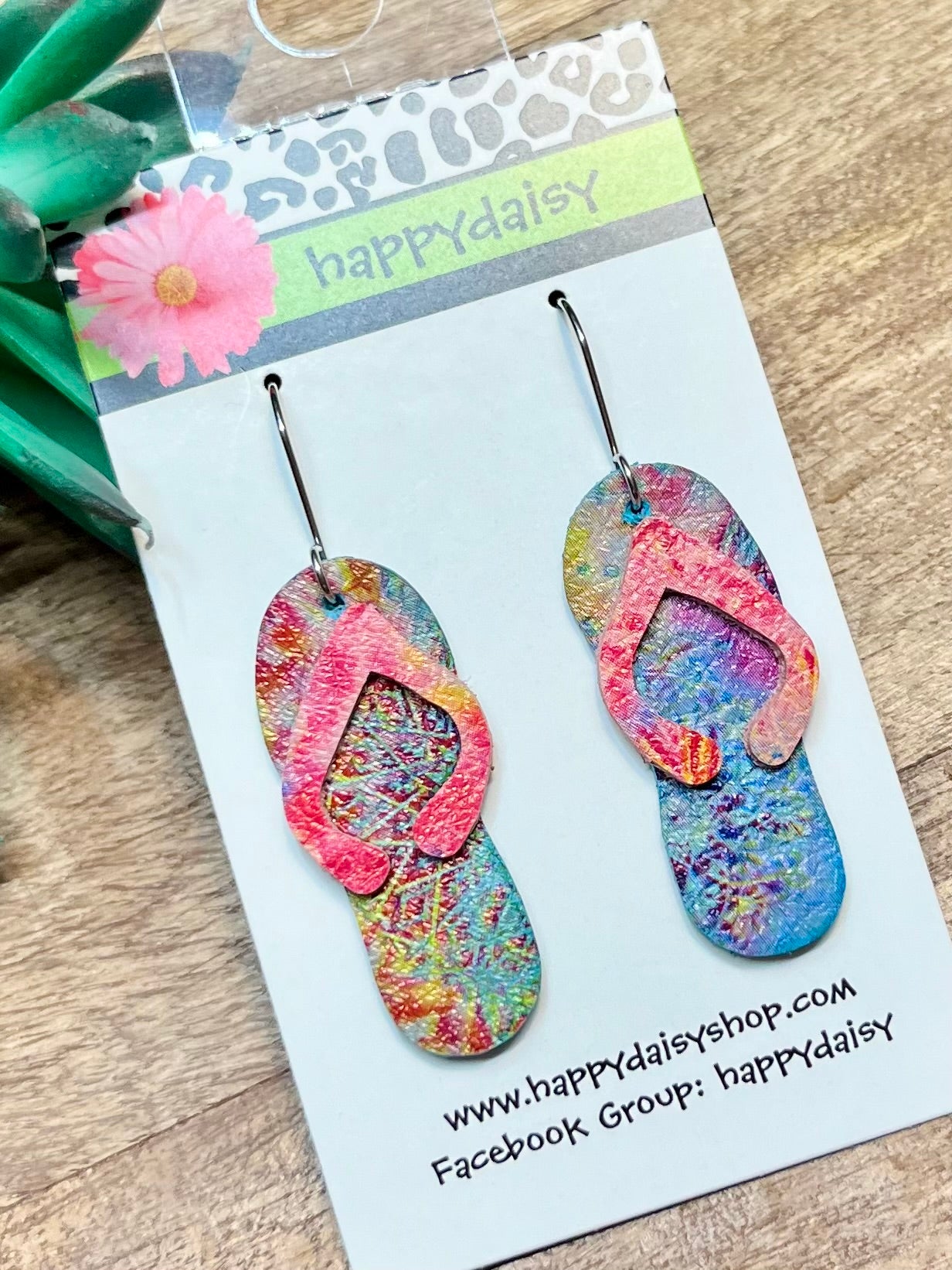 Flip Flop Blue, Pink, Multicolor Tie Dye Leather Summer Earrings