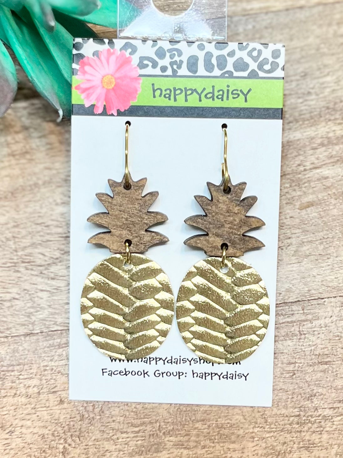 Pineapple Gold Braid Embossed Metallic Leather Summer Earrings - Wood Topper